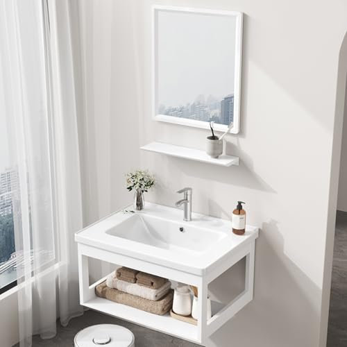 XDCXYD Lavabo De Baño Combinado Lavabo De Cerámica Integrado Apartamento Pequeño Montado En La Pared Hogar(White(Square Mirror),43 * 35cm)