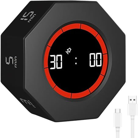 WIYETY Temporizador digital por gravedad: recargable de 1/3/5/15/30/60/90 minutos, temporizador de cuenta regresiva, octágono giratorio Pomodoro para cocina, trabajo, deportes (negro)