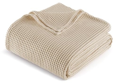 Exclusivo Mezcla 100% Cotton Muslin Double Size Blanket for Bed, Khaki | 150x200 cm, Soft Lightweight Breathable Bed Blanket for Adults, Stylish Waffle Design for Travel, Home Decor, All Seasons