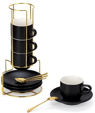 Lareina 8 Ounce Porcelain Cappuccino Cups Set of 4, Stackable Coffee Cups with Saucers, Spoons and Metal Stand -for Specialty Coffee Drinks, Cappuccino, Latte, Americano and Tea, Black