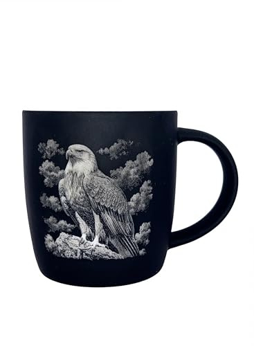Tasse aus Porzellan/Außen gummiert/ 300ml – schwarz/Personalisiert/Geschenkverpackung/mit Tier-Motiven/oder nur Text Lasergravur (Schwarz, Adler Lasergravur)