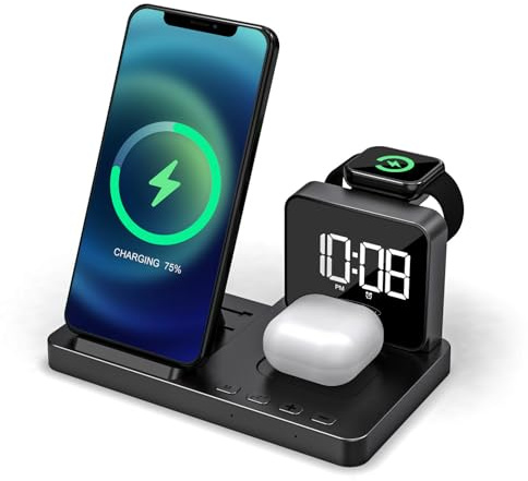Reflexion 4 in 1 Wireless Charger mit Uhr & Wecker | Kabellose Ladestation für Smartphone, Apple Watch & Kopfhörer | 15W Schnellladen | Dual-Weckfunktion | USB-C Anschluss | Kompakt & Modern