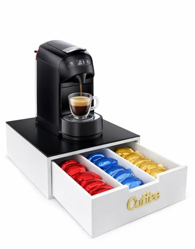 Cecaro Group Porta Capsule e Cialde Caffè in Bambù e Vetro Nero – Cassetto 3 Scomparti Organizer Capsule e Cialde (scritta oro)