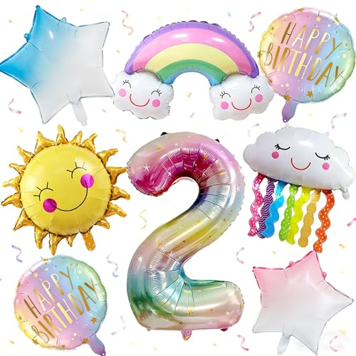 Regenbogen Geburtstagsdeko 2 Jahre, Helium Ballon Regenbogen 2, Regenbogen Luftballons 2. Geburtstagsdeko Folienballons mit Wolken & Sonne Geschenk für Jungen und Mädchen