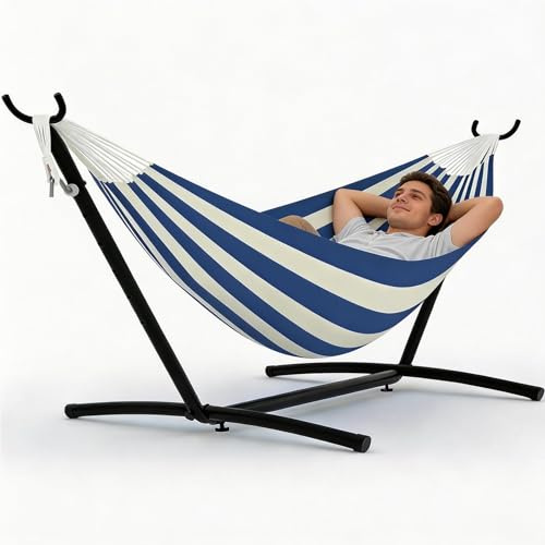 Acekool Hängematte mit Gestell, Einzelperson, 200kg Belastbarkeit, XXL, Innen&Außen geeignet, Garten, Terrasse, Balkon und Pool, inkl. mit Tragetasche, Blau Weiß gestreift.