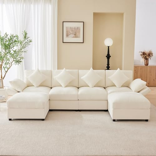 Modulares Sofa 6-Sitzer U-Form Sofa mit 2 Hockern Wohnlandschaft Chenille Eckcouch 150kg Tragkraft Polsterecke Gästesofa Beige für Wohnzimmer Lounge