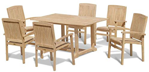 Jati 6-Seater Teak Garden Table and Chairs Set - Grade-A Teak | Winchester 1.5m Rectangular Dining Table | 6x Cannes Stacking Armchairs | Delivered Ready-Assembled