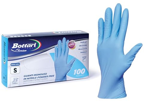 Bottari Guanti in Nitrile Monouso Blu, Senza Talco, Confezione da 100 Pezzi, Taglia S, Anallergici, Resistenti
