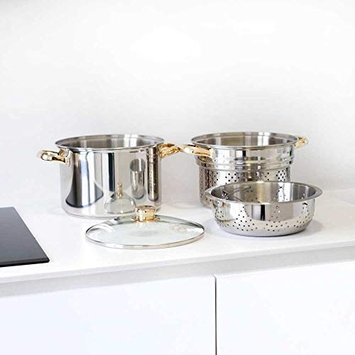 FRANQUIHOGAR - Cazuela Vaporera 24 cm Ø Acero Inoxidable con Tapa de Cristal y Cesta Escurridora - Apta para Vitrocerámica y Gas, No Inducción - Cocina Saludable, Metal, Olla