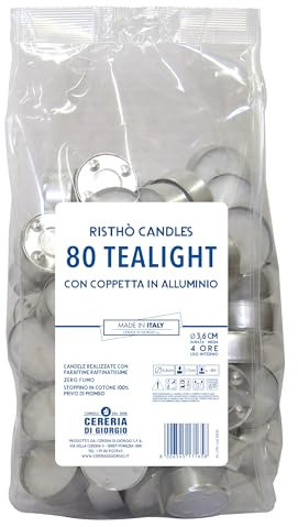 Cereria di Giorgio Tealight Diametro 3,6 cm Altezza 1,7 cm-80 Pezzi-Durata 3 Ore, Cera di paraffina, Bianco, 6.3 cm, unità