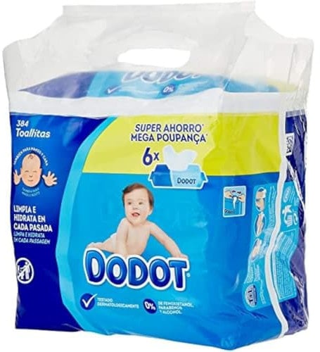 Dodot Toallitas Bebé Seco para Bebé, 384 toallitas, recupera el pH de la piel del bebé (6 Paquetes de 64)