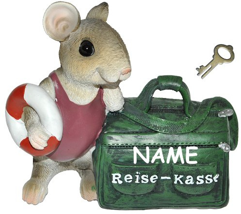 Reise - Kasse - Spardose Maus/mit Tasche - mit Schlüssel + Namen - stabile Sparbüchse aus Kunstharz - Reisen Geld Sparschwein Reisekoffer Urlaubskasse K..