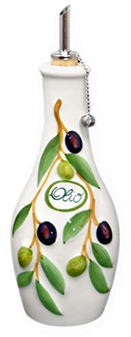 Lashuma Handgemachte Ölflasche mit Ausgießer 500 ml im Olivendesign aus Italienischer Keramik, Größe 23 cm