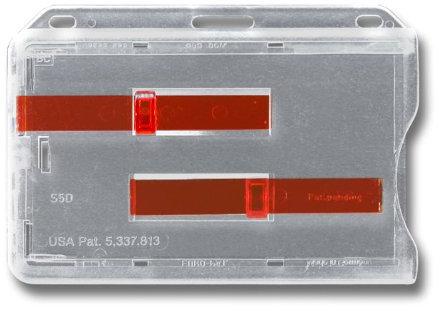 Ausweishalter Kartenhalter für eine Karte aus Polycarbonat mit Schlitz + zwei roten Schiebern horizontal transparent aus Hartplastik (1)