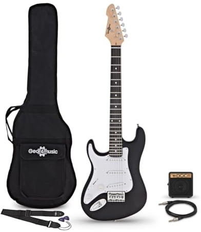 3/4 LA Left Handed Electric Guitar Black, Mini Guitar Amp Pack | For left-handed younger beginners, player-friendly comfortable design