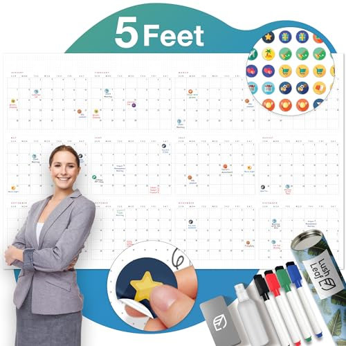 Lushleaf Designs Großer, trocken abwischbarer Wandkalender 2024, 96,5 x 152,4 cm, Premium-Jahres-Whiteboard-Planer für Büro, Zuhause und Schule, laminiert, löschbar und wiederverwendbar