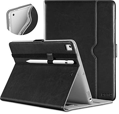 DTTO Hülle für iPad 9,7 Zoll 6./5. Generation 2018/2017 mit Apple Pencil Halter, Premium Leder Folio Ständer Cover Hülle für Apple iPad 9,7 Zoll, passt auch für iPad Pro 9.7/Air 2/Air - Schwarz