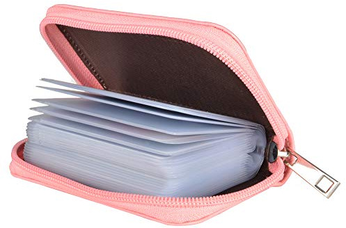 Genuine Leather Credit Card Holder ID Business Card Case Wallet 26 Card Slots (Pink)