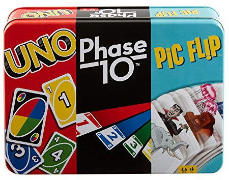 Mattel Games GWP96 - UNO, Phase 10 und Pic Flip-Sammeldose, 3 Mattel-Kartenspiele für Spieler ab 7 Jahren, Dekorative Aufbewahrungsbox, Geschenk für Spieleabend, Kindern ab 7 Jahren und Erwachsenen