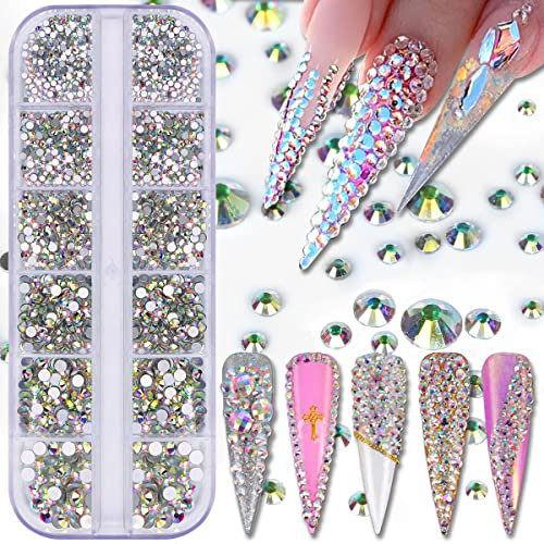 KINGMAS 3600 Stücke Flache Rückseite Strasssteine, 6 Größen Glitzersteine, Nagel Kristalle AB Strasssteine für Nägel/Kleidung/Handwerk