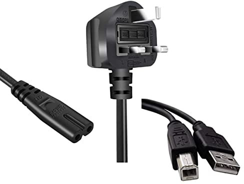 BabzTech Cable USB para impresora (1,5 m) y cable de alimentación de 2 pines Fig 8 (2 m), cable USB tipo B compatible con impresoras como Epson, HP DeskJet/Envy, Lexmark, Dell, etc.