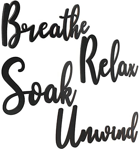 Jetec 4 Pcs Black Bathroom Decor Wooden Bathroom Sign Soak Relax Unwind Breathe Plaque Wall Arts Decorations Cutout Farmhouse Sign for Toilet Dressing Room Laundry Room