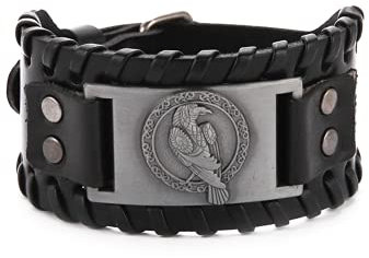 TEAMER Wikinger Odins Rabe Lederarmband für Männer Schwarz Braun Wickelgürtel Krähenarmbänder Nordischer Keltischer Pagan Amulett Schmuck (Stil 1 Antikes silber)