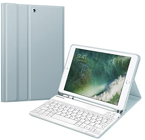 FINTIE Tastatur Hülle für iPad 9.7 2018 (6. Generation), Soft TPU Rückseite Gehäuse Keyboard Case mit eingebautem Pencil Halter, magnetisch Abnehmbarer QWERTZ Bluetooth Tastatur, Eisblau