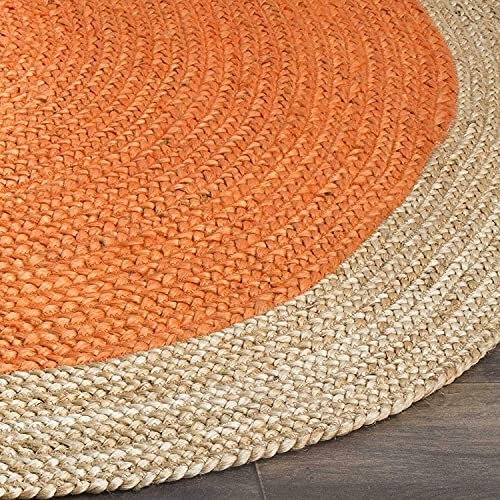 Agro Richer Runder Teppich, handgeflochten, Wohnzimmer, Bauernhaus-Teppich, Flickenteppich, Orange & Naturbeige (120 x 120 cm)