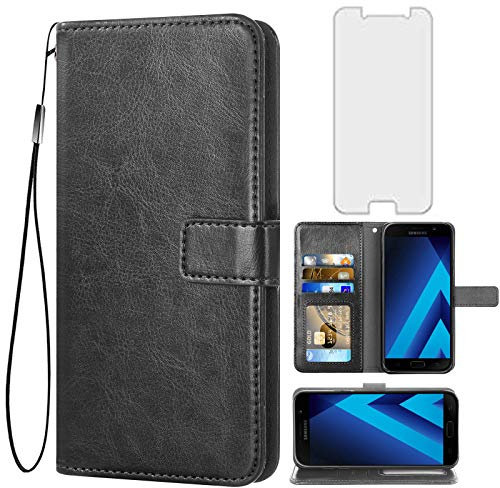 Asuwish Handyhülle für Samsung Galaxy A5 2017 Hülle mit Folie Schutzfolie und Kartenfach Klappbar Leder Geldbörse Ständer Schutzglas Cover SM-A520F SM A520F Handy Hüllen Schutzhülle Phone Case Schwarz