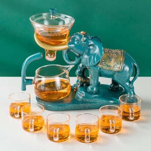 RORA Lazy Kungfu Glas-Tee-Set, halbautomatisch, tropfenförmig, drehbar, mit Teesieb, Teekannen-Set aus Glas (Elefanten-Tee-Set+6 Tassen)