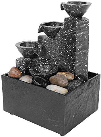 Greensen 3-stufiger Zimmerbrunnen Wasserfallbrunnen USB Brunnen mit Natürlichen Flusssteinen Meditationsbrunnen Ornament Kunsthandwerk für Den Innenbereich Heimbüro Tischdekoration