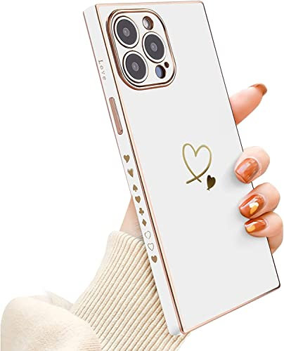 Newseego Funda Compatible con iPhone 13 Pro Max, Diseño Corazón Amor Dorado Chapado en oro Funda para Mujeres Niñas Suave TPU Protección Completa para Lente de Cámara iPhone 13 Pro Max + Cadena-Blanco