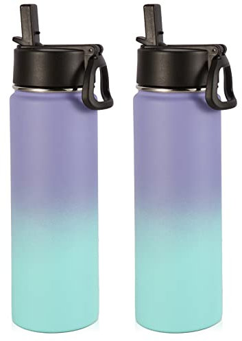Volhoply 660ml Gourde Inox avec Paille 2 Paquets, Bouteille Isotherme Double Paroi avec Couvercle Sans BPA, Bottle Réutilisable en Métal Étanche pour Sport, enfant, Cadeaux(Dégradées,2 Set)