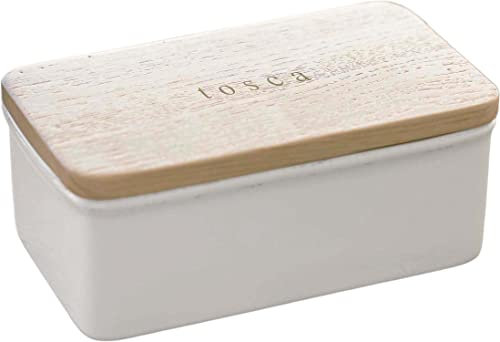 Yamazaki 3098 TOSCA Butter Dish Large, white, Ceramic / Wood, 15.5 x 10 x 7 cm