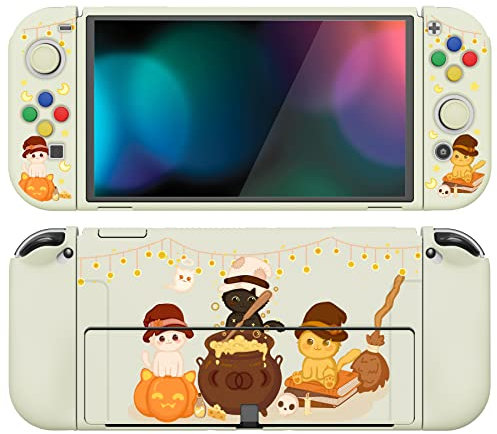 PlayVital Funda Suave para Nintendo Switch OLED - Carcasa Protectora Ergonómica para Joy-con, Grip Antideslizante con Tapas de Joysticks y Botones ABXY & Dirección (Trillizos Calabaza Gatos)