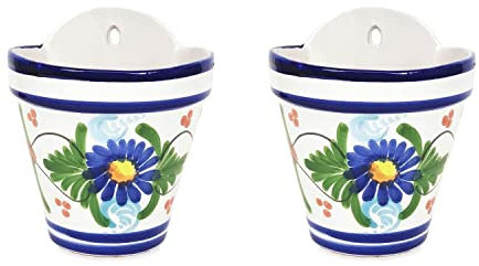 Verano Spanish Ceramics Outdoor Living Terracotta Hand Painted Floral Hanging Pots - Decorative New Home Garden Yard Patio Outside Décor Gardening Herb Flower Wall Plant Pots - Set of 2-22cm x 22cm