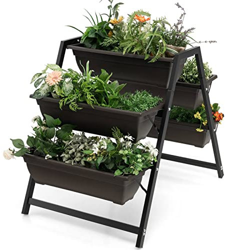 COSTWAY Raised Garden Bed, Vertical Garden Planter with 5 Removable Trays, Drainage Holes and Anti-slip Foot Pads, Indoor Outdoor Elevated Flower Growing Box for Patio Yard Balcony