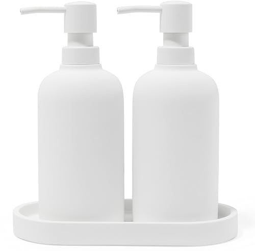 Yew Design – Set Weißer Matter Seifenspender mit Tablett für das Badezimmer (450 ml), 2 Seifenspender + Tablett, Pumpe für Flüssigseife
