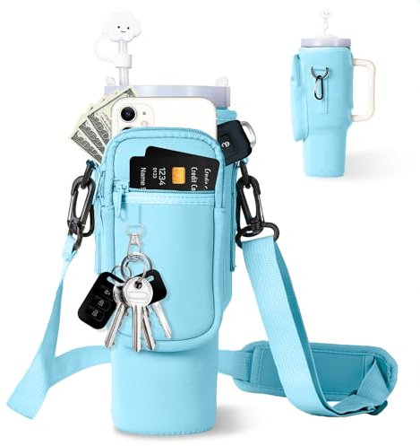 Bolsa de transporte para botella de agua con bolsillo para teléfono Stanley de 40/30 onzas, bolsa de neopreno para botella de agua con correa ajustable Bollus con cubierta de popote y mosquetón para