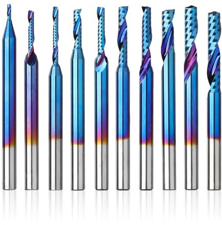 Genmitsu 1/8 Zoll Schaft 10pcs Carbide Spiral O Flute (Single Flute) End Mill CNC Router Bits, 91,5 Höhere HRA Nano Blue Coat, perfekt für Metall Carving Aluminium Kupfer, OS10B