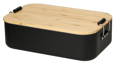 elasto PROMOTION FOR LIFE Vorratsdose 'Bamboo' Brotzeitbox aus Aluminium mit Holzdeckel aus Bambusholz, Lunchbox mit Klemmbügel, Farbe:schwarz/natur