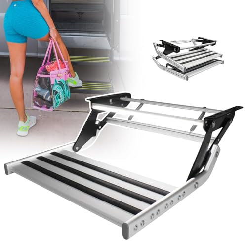 electric Folding RV Step with LED Light | Heavy Duty Aluminum Alloy Construction |Switch control & door control,automatic Folding caravan stairs for Motorhomes/ Campervans/ Travel Trailers,Singlelayer