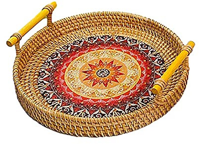 Rattan Serving Tray, Handmade Round Rattan Tray with 2 Handles,Boho Style Decorative Woven Tray for Coffee Table, Food Serving, Party,Round Wicker Tray for Home Decor(#6)