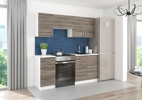 roe furniture Küchenzeile ohne Elektrogeräte - Modern Einbauküche 180 cm - Küche Komplett Leco - Küchenblock - Geräumige Singleküche - Küchenmöbel Komplett Dunkel Sonoma & Weiße Arbeitsplatte