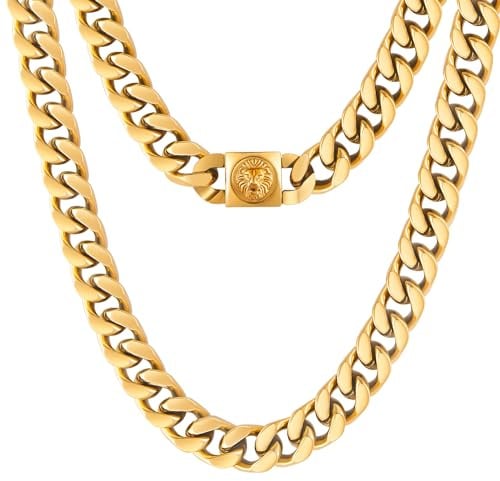 KRKC&CO 12mm Herren Panzerkette mit Löwe Kopf Verschluss, 18K Gold plattiert Cuban Link Chain, Edelstahl Miami Kubanische Gliederkette Goldkette, Hip Hop Halskette für Männer Jungen [Größe 45,7cm]