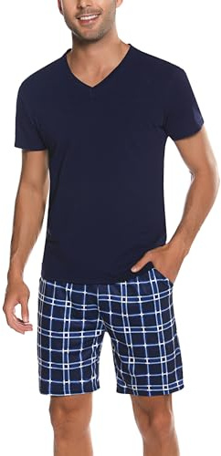 Bresdk Pyjama Homme Court en Coton 2 Pièces Haut Col V Short à Carreaux | Ensemble loungewear d'été doux en coton. Short à carreaux imprimé avec ceinture élastique, cordon et 2 poches