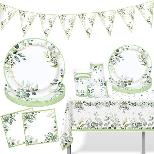Sage Green Paper Plates Cups And Napkins With Tablecloth & Banner,Baby Shower Plates,Party Tableware For Birthday Decoration Baby Shower Safari Party Supplies