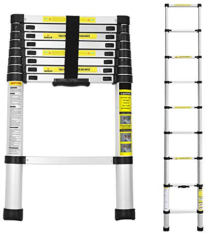 Yakimz Scala telescopica in alluminio, 2,6 m, allungabile, multiuso in alluminio, telescopico, portata 150 kg, scaletta pieghevole per giardino, interni ed esterni