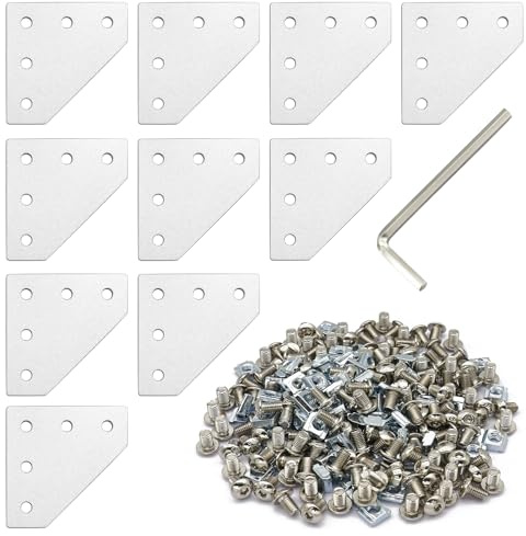 10 Stück L-förmige Eckhalterungs-Verbindungsplatten mit 50 M5-T-Muttern, 50 M5-Schrauben, Schraubenschlüssel für 6 mm Aluminium-Extrusionsprofile 2020 (L-förmige, silver)
